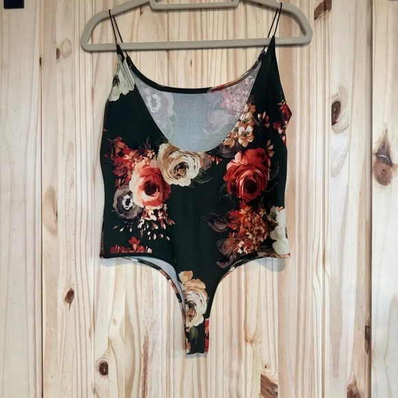 Polly & Esther Green Floral Spaghetti Strap Thong Bodysuit - Picture 9 of 10